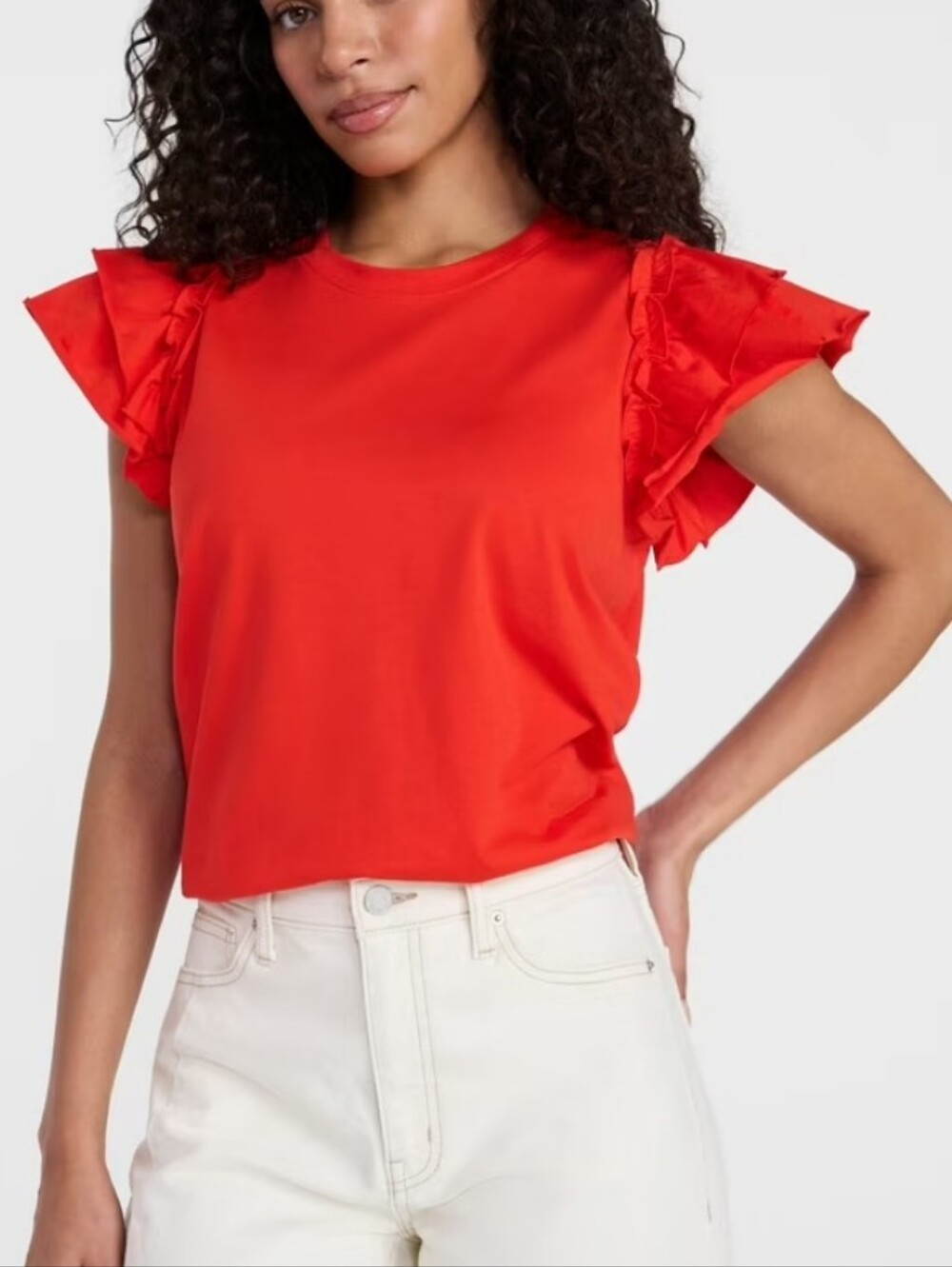 Time and Tru Women's Cotton Crewneck Tee with Ruffle Flutter Sleeves, Size Large